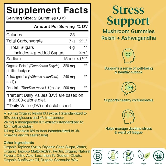 Charlotte's Web Stress Support Mushroom Gummies w/Reishi Ashwagandha Rhodiola Rosea Supplement — Natural Supplement — Strawberry-Flavored Ashwagandha Gummies (30 Servings)