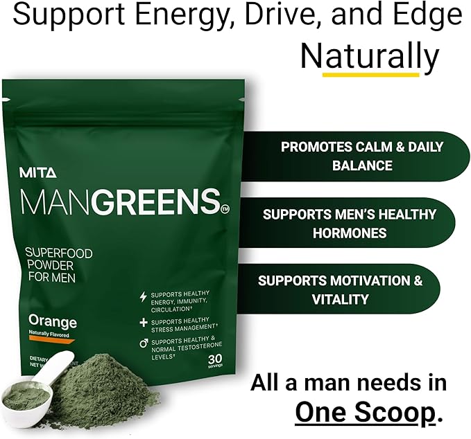 Man Greens Science Based Dosed Superfood Powder for Men with Tongkat Ali &amp KSM-66 Ashwagandha &amp More | Naturally Sweetened Greens &amp Adaptogen Supplement | Orange Flavor | 30 Servings