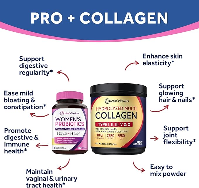 Doctor's Recipes Multi Collagen Peptides Powder 16oz and Women’s Probiotic 120 Caps