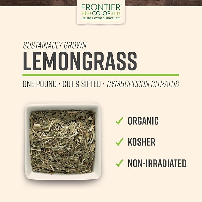 Frontier Co-op Organic Dried Lemongrass Cut and Sifted Bulk Bag - 100% Pure Natural Lemon Grass for Tea Seasoning | 16 Ounce (Pack of 1)