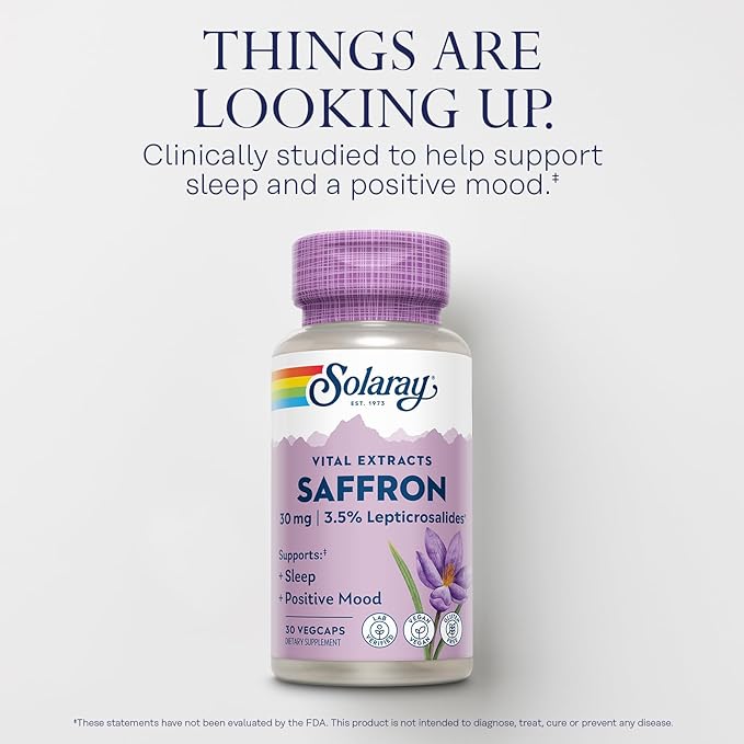 SOLARAY Saffron Extract - Sleep and Positive Mood Support - Vegan and Gluten Free Saffron Supplements - Lab Verified - 60-Day Guarantee - 30 Servings 30 VegCaps