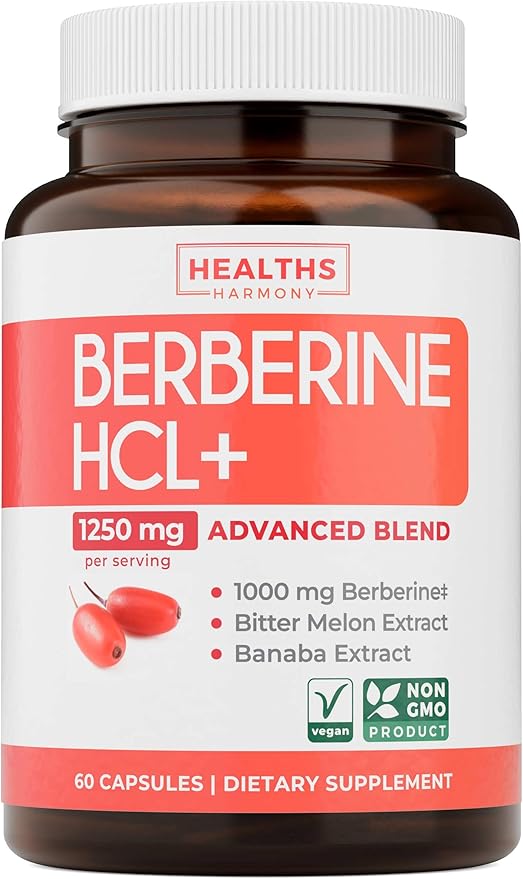Berberine Supplement (Non-GMO &amp Vegetarian) Berberine HCL Plus Bitter Melon &amp Banaba Leaf Extract Capsules - Berberine 500mg Each 1000mg Per Serve - AMPK Metabolic Activator - 60 Caps (No Pil