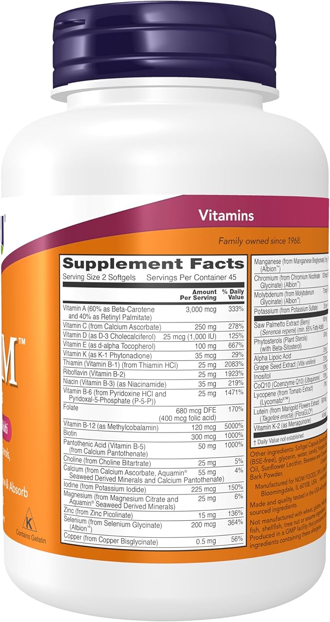 Now Supplements ADAM™ Men's Multivitamin with Saw Palmetto Plant Sterols Lycopene &amp CoQ10 90 Softgels (Pack of 2)