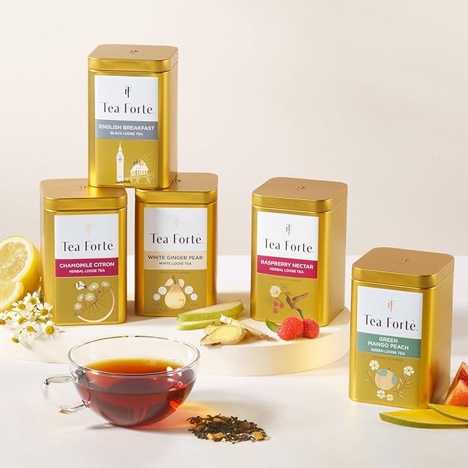 Tea Forte Green Mango Peach Premium Loose Leaf Caffeinated Green Tea Blend Canister Makes 35-50 Cups