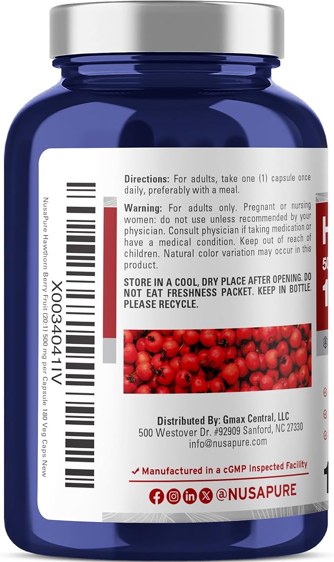 NusaPure Hawthorn Berry 20:1 Extract 500 mg Equivalent to 10000 mg 180 Veg Caps Suitable for Vegetarians Vegan Non-GMO Dietary Supplement