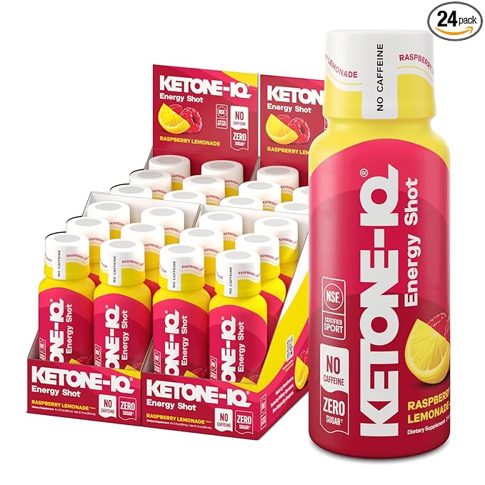 Ketone-IQ No Caffeine Exogenous Ketones Energy Shots - 24 Pack of Caffeine Free Energy Drinks with 10g Ketones - Sugar Free Salt Free and All Natural (Raspberry Lemonade)