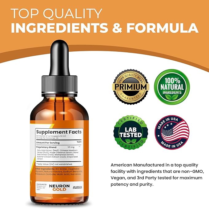 (2 Pack) Neuron Gold Drops NeuronGold Liquid Supplement Neuropathy Nutritional Support For Health Relief Nerve Pain Vitamins Stimulator Regeneration for Memory Focus Concentration Clarity (4 oz)
