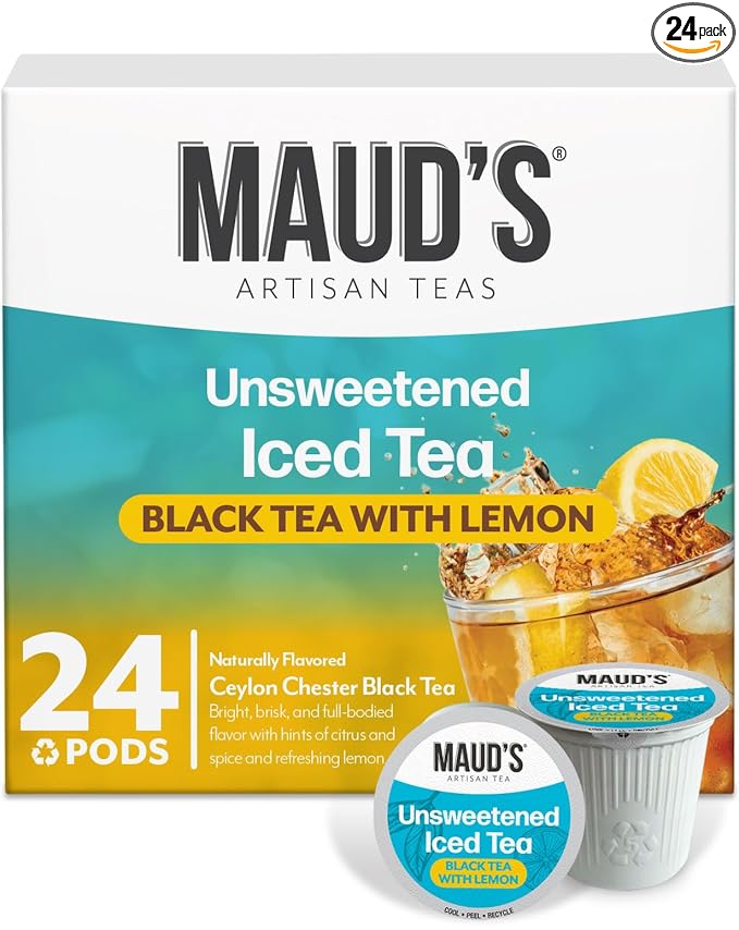 Maud's Iced Black Tea Pods with Lemon 24 ct Single Serve Pods – 100% Gourmet Blended Tea Leaves Compatible with Keurig K Cups Maker
