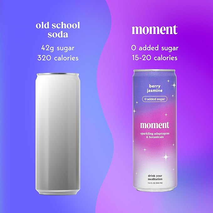 Moment Botanical Soda Soft Drink (Shark Tank) - SPARKLING Drinks | Berry Blast | L-Theanine &amp Ashwagandha for Calm &amp Clarity | 0 Added Sugar 0 Caffeine | 12-pack
