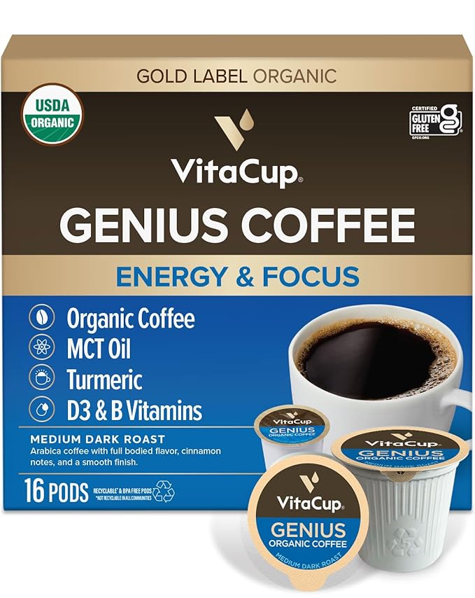 VitaCup Keto Coffee Pods with MCT Oil Turmeric Vitamins B &amp D for Energy in Recyclable K-Cup Compatible Pods