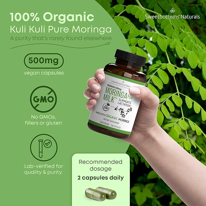 Lactation Supplement - Organic Moringa Capsules for Breastfeeding Support to Increase Breastmilk Supply (120 ct) Pure Malunggay Leaf Powder for Milk Production Booster &amp Postnatal Vitamins A E K 5