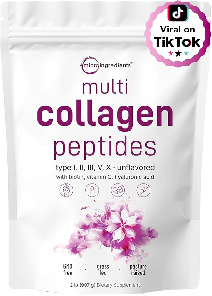 Micro Ingredients Multi Collagen Protein Powder 2 Pounds &amp Hair Vitamins Complex Capsules Bundle Pack | Grass-Fed Collagen Peptides | 14-in-1 Advanced Hair Growth Support