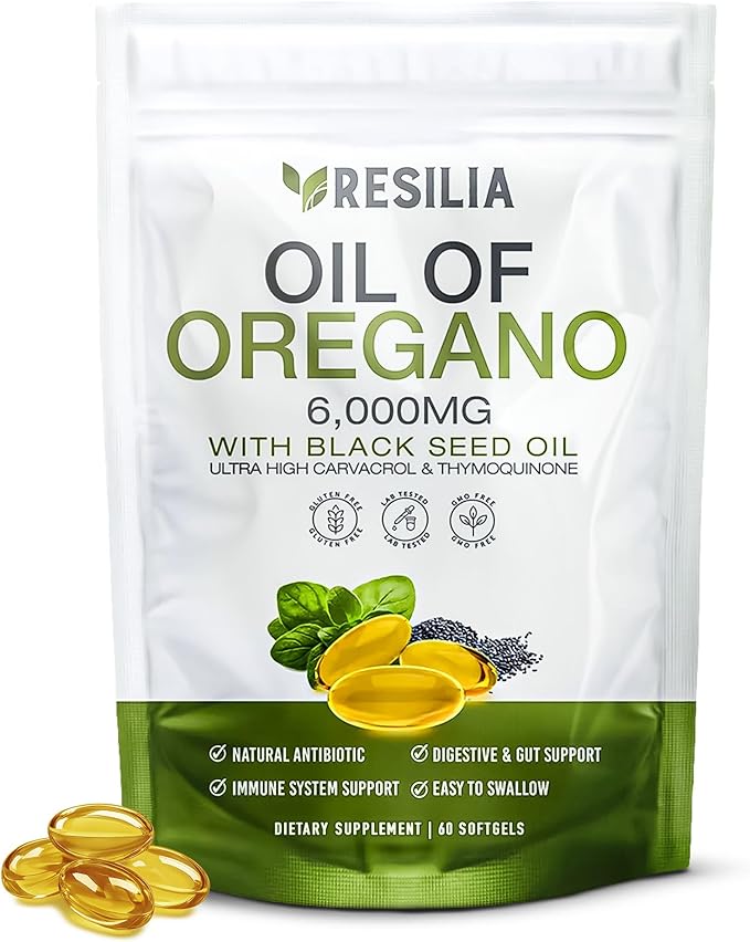 Resilia Softgels with Black Seed Oil 6000mg – Organic Oregano Oil Capsules for Immune &amp Digestive Support – Non-GMO Gluten-Free Softgels – Natural Herbal Wellness Supplement (60 Count)
