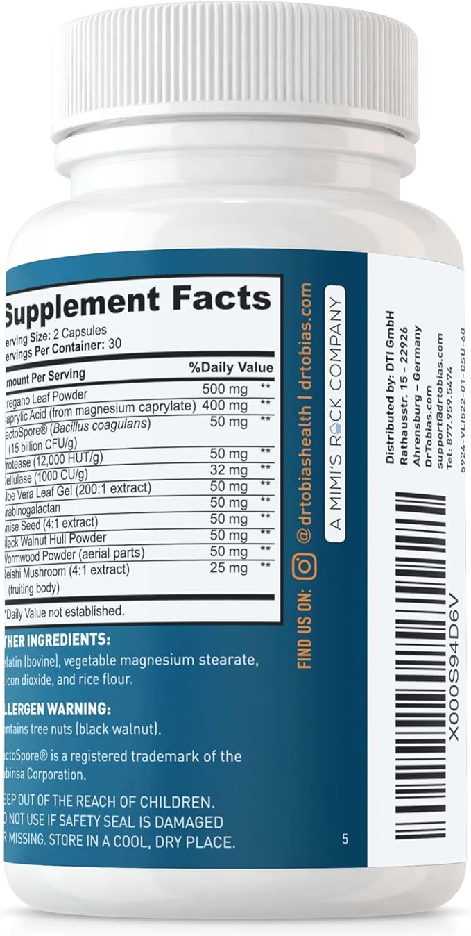 Dr. Tobias Candida Support Gut Flora Balance Complex with Oregano Caprylic Acid Enzymes &amp Probiotics Support Intestinal Detox Cleanse &amp Gut Health for Women &amp Men 60 Capsules 30 Serv