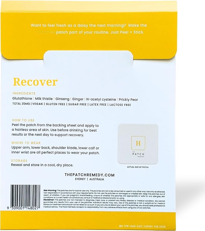 The Patch Remedy Recover Patch | Glutathione Milk Thistle NAC Ginger Ginseng &amp Prickly Pear | 30 Patches