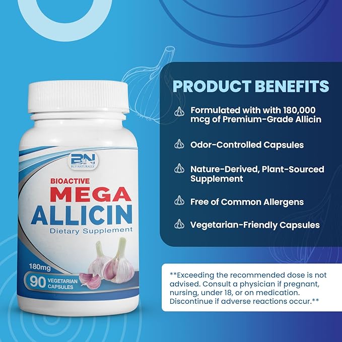 Potent Allicin Odor Controlled Garlic Supplement by Mega Allicin|180000mcg (180mg) Veggie Capsules with Immune Support Gluten-Free (90 Count)
