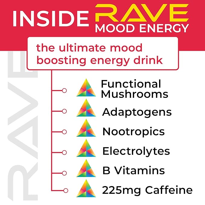 RAVE Mood Energy Drink is Mind Blowingly Different. With Mood-Boosting Functional Mushrooms Nootropics Adaptogens &amp B Vitamins. Experience Mind &amp Body Rush! 225mg Caffeine - Electrolytes - Z