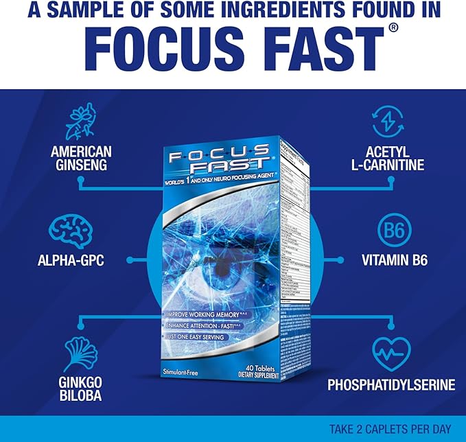 Focus Fast Brain Supplement - Improve Working Memory Enhance Focus Boost Cognition in as Little as 1 Hour. Caffeine/Stimulant Free Nootropic. 40 Tablets (20 Servings)
