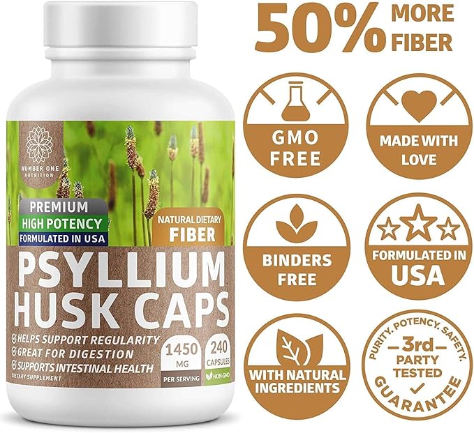 Number One Nutrition N1N Premium Psyllium Husk Capsules [All Natural1450 MG] Powerful Soluble Fiber Supplement to Support Regularity and Digestive Health 240 Caps