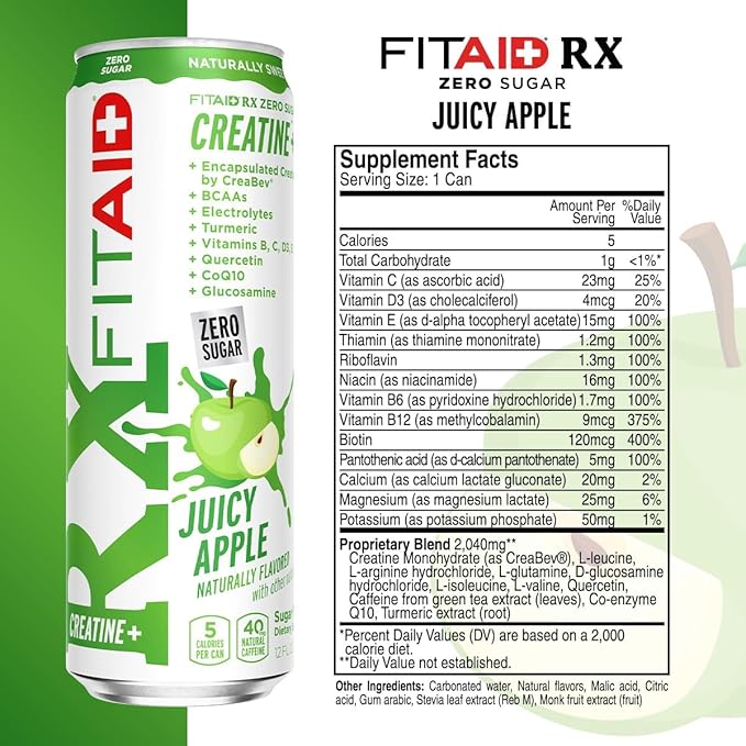 Creatine Drink Variety Pack + Recovery (6-Pack) Compatible with Fitaid | Blue Raspberry | Juicy Apple | Hawaiian Nectar | BCAAs Glucosamine Electrolytes