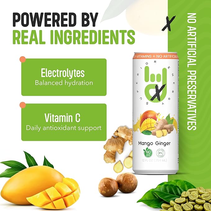 Superior Energy Electrolytes Drink Zero Calories – Energy Drink Zero Sugar – Mango Ginger Flavor 90mg Natural Caffeine – Pack of 12 (12 fl oz each)