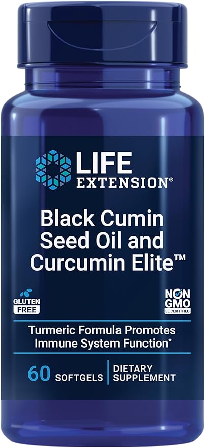 Life Extension Black Cumin Seed Oil and Curcumin Elite Black Cumin Turmeric Extract Immune Health Support high bioavailability Whole-Body Health Gluten Free Non-GMO 60 softgels