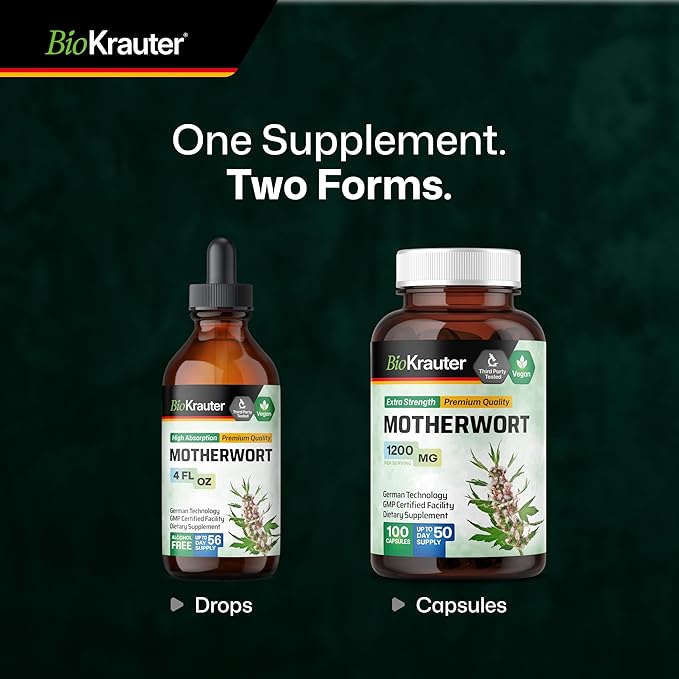 BIO KRAUTER® Perimenopause &amp Menopause Supplements for Women* - Vegan Motherwort Tincture 4 Fl.Oz 56-Day Supply for Natural Calm &amp Women's Wellness - Alcohol &amp Sugar Free - 650 mg per Serv