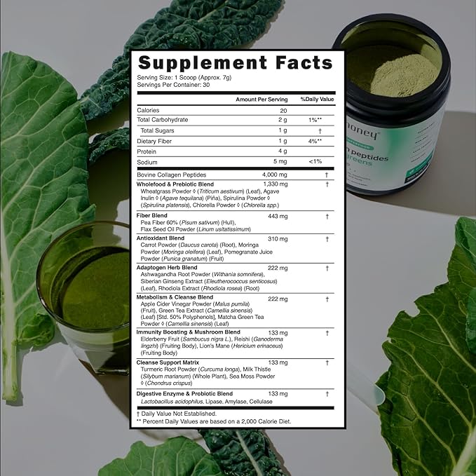 MINDHONEY | Collagen Peptides + Super Greens | Premium All-in-One Superfood Powder | Gut Health Detox Hair &amp Skin Immunity | Collagen Peptides Super Greens Probiotics Adaptogens | 30 Serving