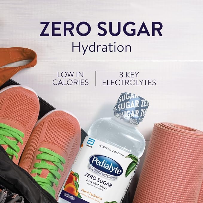 Pedialyte Electrolyte Water With Zero Sugar | Hydration With Key Electrolytes | Hydration Low in Calories | Peach Perfection 1 Liter Pack of 4