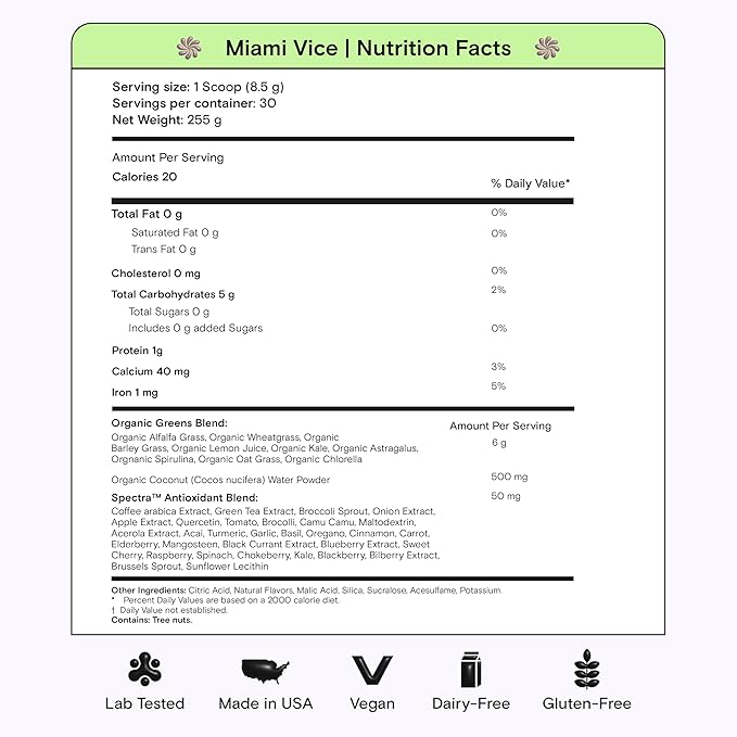 Kiala Nutrition Super Greens Organic Greens Powder with Spirulina &amp Chlorella for Digestion Gut Health Immunity Energy Gluten Free Vegan Sugar Free Spectra Blend Miami Vice Flavor 30 Serv
