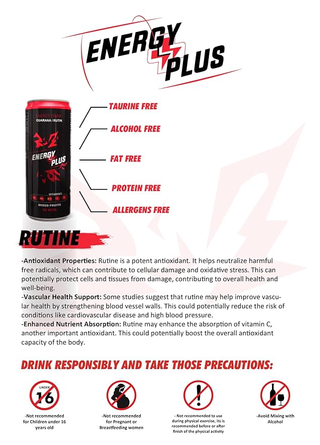 Energy Plus Guarana Energy Drink 80mg Caffeine Low Calorie ABCE Vitamins Minerals &amp Amino Acids (250ml) 8.4oz Pack of 24