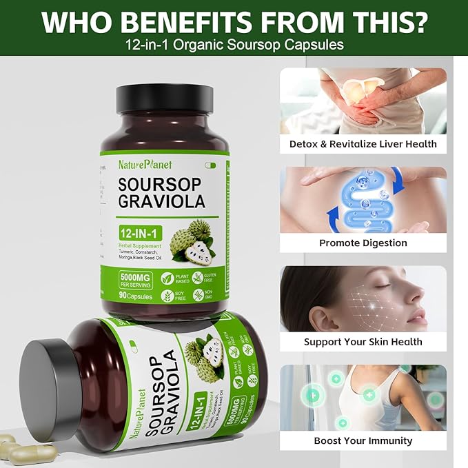NaturePlanet Soursop Graviola Capsules with Black Seed Oil Sea Moss Ashwagandha Turmeric &amp Moringa丨12 in 1 Herbal Blend Formula丨Immune Support &amp Gut health丨Gluten-Free Non GMO Vegan - 90