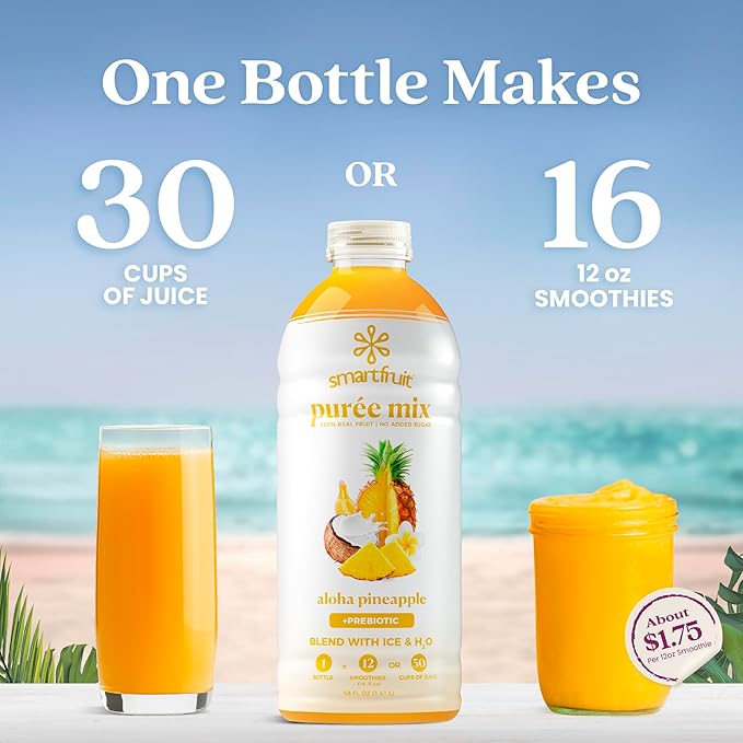 Smartfruit Aloha Pineapple + Prebiotic – 100% Real Fruit Purée with Pineapple Banana Apple &amp Coconut – Great for Smoothies Juice Yogurt Cocktails Teas – High in Vitamin A – 48oz