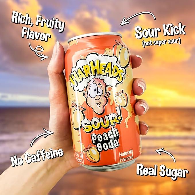 Sour Fruity Soda with Classic Warheads Flavors – Perfectly Balanced Sweet and Sour Soda - Warheads Candy Throwback Treat Soda Cocktail Mixer Pack of 12 12oz Cans (Peach)