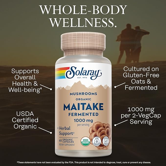 SOLARAY Organic Fermented Maitake Mushroom Supplement 1000mg - Herbal Adaptogens - Powerful Mushrooms for Health and Wellness Support - Vegan Gluten Free 60-Day Guarantee 30 Servings 60 VegCaps