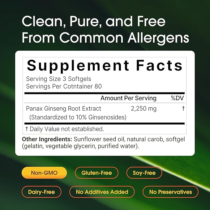 NatureBell Panax Korean Red Ginseng - 240 Softgels - 2250mg High Strength Herbal Vitality Support* - Standardized 10% Ginsenosides from Six-Year-Old Ginseng Root - Energy &amp Immune Support*