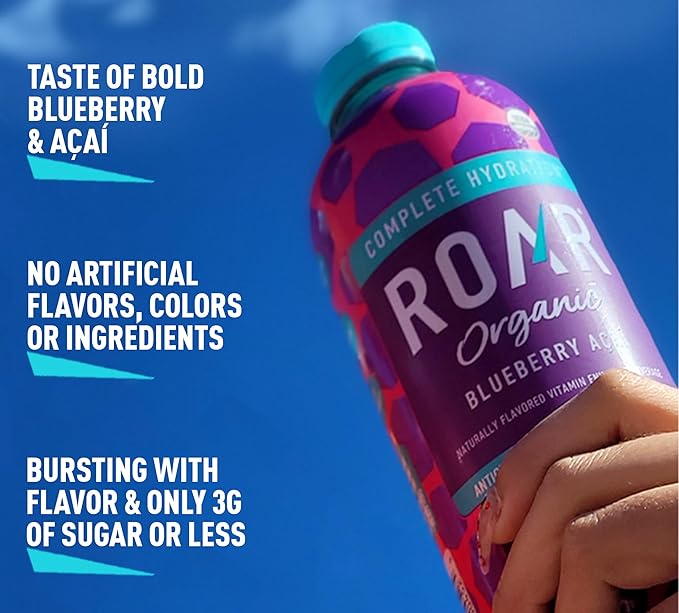 Roar Organic Electrolyte Infusions - USDA Organic - Blueberry Acai - with Antioxidants B Vitamins Low-Calorie Low-Sugar Low-Carb Coconut Water Infused Beverage 18 Fl Oz (Pack of 12)