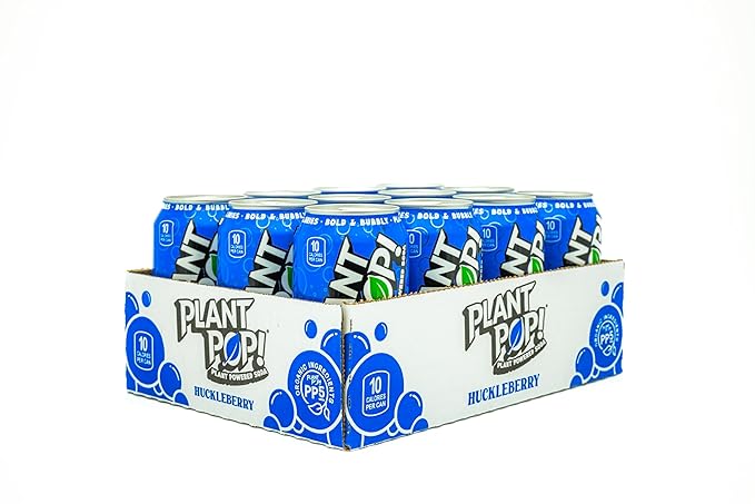 Plant Pop | Multifunctional Prebiotic Soda | Huckleberry | 10 Calories | Natural fruity flavors | Made with Organic Plant-Based Ingredients | Caffeine Free | 12oz (12 pk) cans