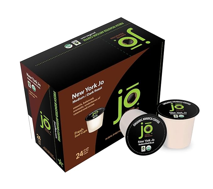 NEW YORK JO: 48 Cups Medium Dark Roast Organic Coffee for Keurig K-Cup Compatible Brewers Fresh Seal Single Serve Cups Smooth Rich Complex Signature Blend Fair Trade Certified Kosher Gluten Free