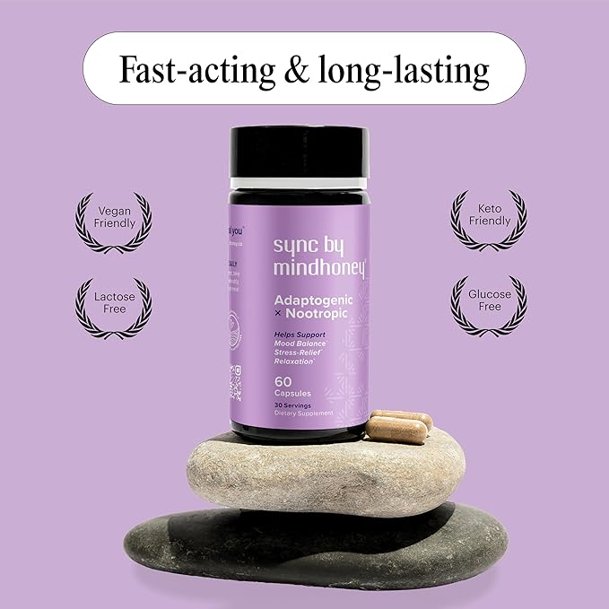 MINDHONEY | SYNC 60 Count Premium All-in-One Adaptogenic Supplement | Relaxation Mood Balance Stress | Magnesium Ashwagandha Nootropics Adaptogens Minerals &amp Vitamins
