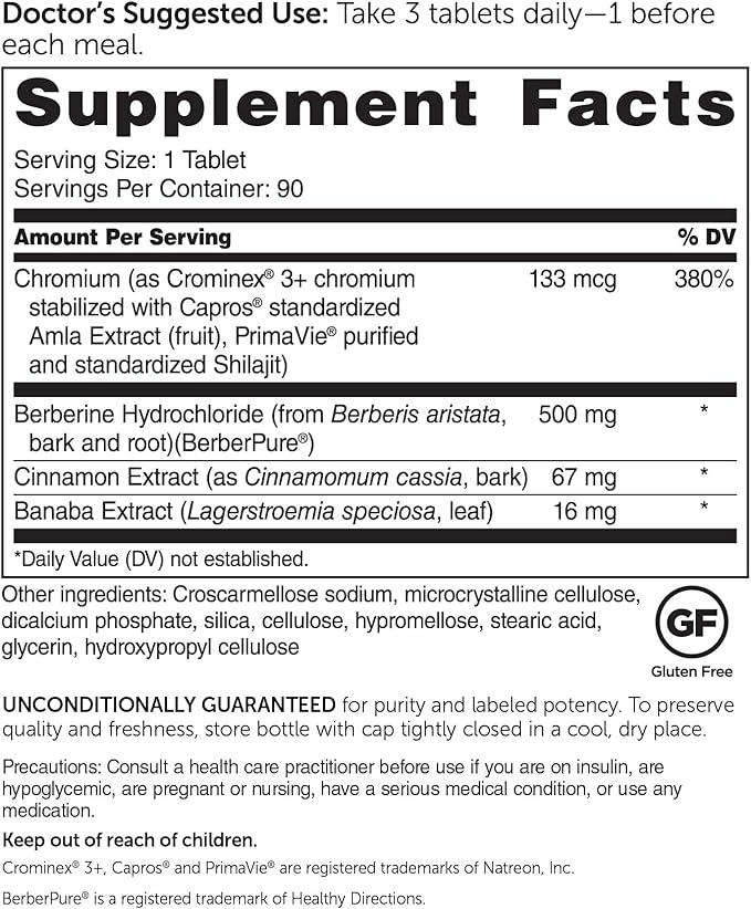 Dr. Whitaker’s Berberine GlucoGold Supplement with 1500 mg per Day of BerberPure Berberine Concentrated Cinnamon Crominex Chromium and Banaba Leaf Extract (90 Tablets)