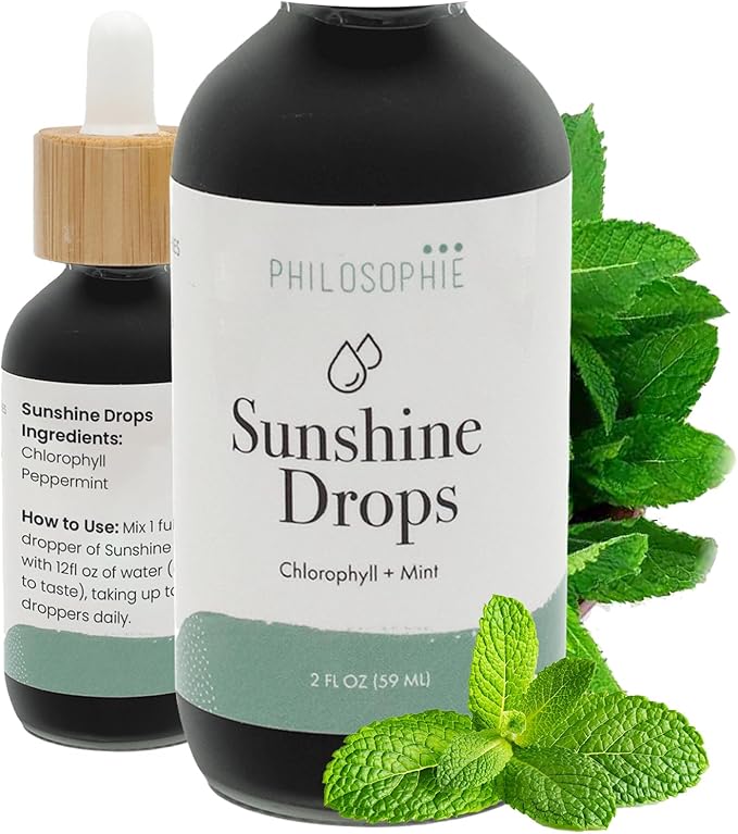Philosophie Liquid Chlorophyll Sunshine Drops for Water | Organic Chlorophyll Drops with Mint for Detox Internal Deodorant &amp Energy Boost | Natural Vegan Supplement Non-GMO 2oz