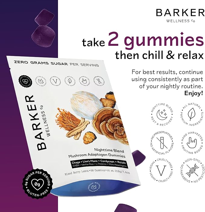 Barker Wellness Nighttime Vegan Sugar-Free Adaptogen Mushroom Gummies – Reishi Lion's Mane Chaga Cordyceps for Calm Rest &amp Recovery – Non-GMO Sleep Support &amp Relaxation Supplement 60 Coun
