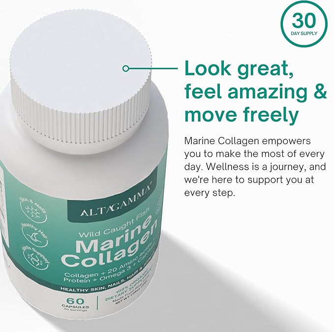 Marine Collagen Peptides - Hair Skin Nails &amp Joint Supplement - Organic Marine Collagen for Women &amp Men Non-GMO Gluten-Free No Fillers 60 Marine Collagen Capsules
