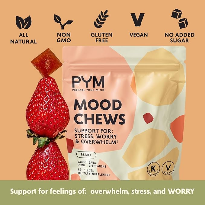 PYM Berry Mood Chews Support for Stress Worry &amp Overwhelm 60 Count | 130mg GABA 90mg L-Theanine | VeganNon-GMO Gluten-FreeNo Added Sugar | All-Natural Mood Balance Supplement in Resealable B