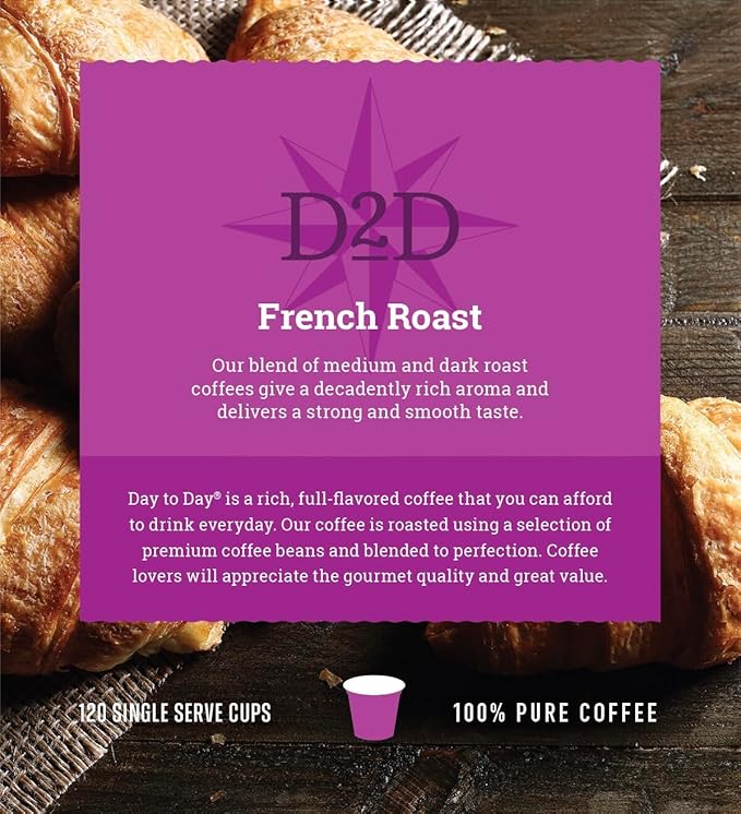 Day To Day Coffee French Roast Dark Roast Coffee Pods 120 Count Compatible with Keurig K-Cup Brewers Classic Dark Roast Coffee