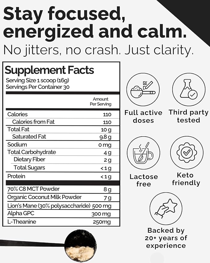 Keto Brainz C8MCT Based Nootropic - with 500mg Lion's Mane Mushroom AlphaGPC &amp L-Theanine This is The Ultimate Easy to use nootropic Stack &amp Makes Delicious Mushroom Coffee! 16oz. 30 Servings