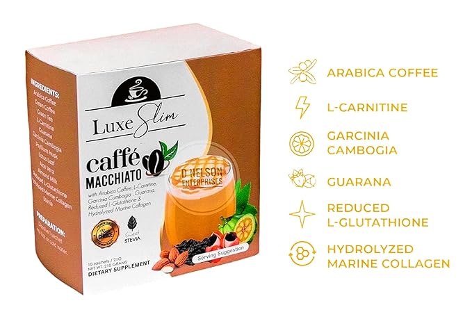 Luxe Slim Cafe Macchiato with Hydrolyzed Collagen &amp Glutathione 21g x 10 Sachets 0.74 Ounce (Pack of 10)
