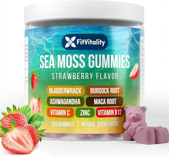 150 Sea Moss Gummies | Strawberry Flavor Vegan Gummies | Extra Rich 9-in-1 Formulation with Irish Sea Moss Elderberry Bladderwrack Burdock Ashwagandha Maca Zinc B12 | Energy &amp Immune Suppor