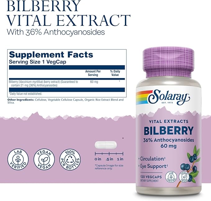SOLARAY Bilberry Berry Extract 60 mg Per Capsule Powerful Antioxidant Guaranteed Potency for Healthy Vision &amp Circulation Support 120 VegCaps